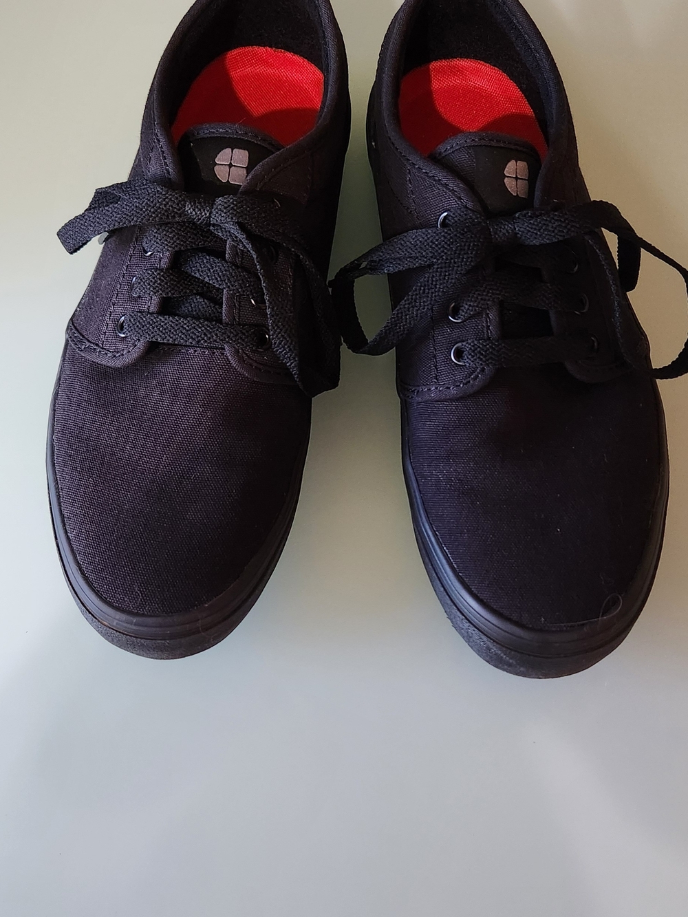 "Shoes For Crews" Womens 9.  Black Canvas Sneakers with Red Interior. Slip/Oil.